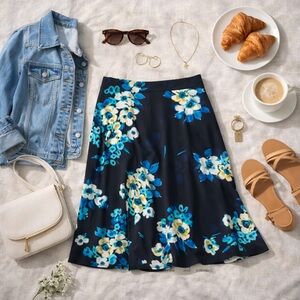 George Black Floral A-Line Skirt Blue & Ivory | XL (16–18)